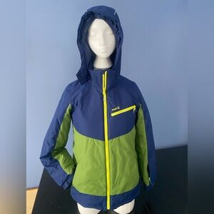 Boy’s Kamik winter ski jacket color block blue green insulated snow coat hooded